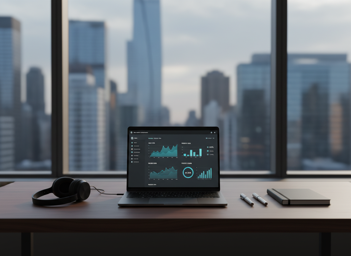 A sleek, dark walnut desk with a matte finish holds an open laptop displaying a clean data dashboard with line charts, bar graphs, and KPIs in cool blues and teals. A slim black notebook and a precision metal pen rest neatly beside the laptop, with a pair of minimalist over-ear headphones folded nearby. The scene is set in a modern office with a blurred city skyline visible through a large window in the background. Soft, diffused afternoon daylight streams in, creating gentle reflections on the laptop screen and desk surface. Photographic realism, eye-level composition, and shallow depth of field keep the workspace in crisp focus while the background melts into a professional, calm atmosphere.