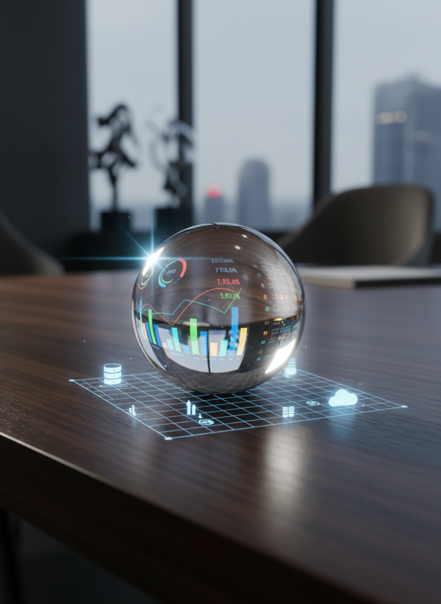 A close-up, photographic shot of a transparent glass sphere resting on a dark walnut surface, reflecting a distorted but recognizable data dashboard made of colorful charts and numeric KPIs. Around the sphere, faintly visible on the desk, are etched or projected gridlines, trend arrows, and tiny icons symbolizing databases and cloud storage. The background is intentionally out of focus, suggesting a high-end office environment with subtle tech elements. Dramatic side lighting from a single, cool-toned source creates strong highlights on the glass and soft shadows on the wood, evoking insight, clarity, and forward-looking analytics. The mood is sophisticated and analytical, with a minimalist, almost cinematic aesthetic.