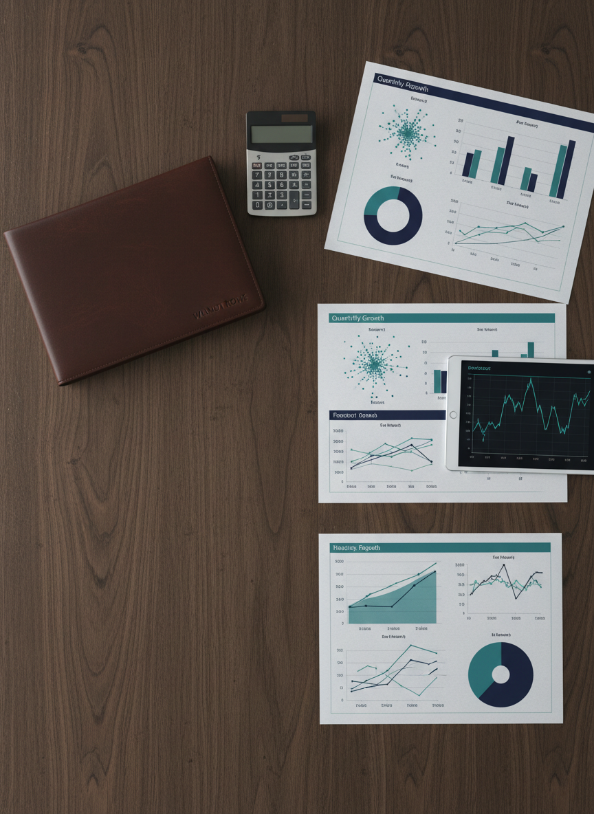 An overhead photographic view of a large, dark wooden table arranged with printed analytics reports, each featuring colorful bar charts, scatterplots, and forecast curves in a consistent teal and navy palette. A closed leather portfolio, a brushed-metal calculator, and a slim tablet showing a financial time series graph create visual anchors. A subtle walnut woodgrain texture dominates the scene, evoking the Walnut Rowe brand. Soft, even studio lighting eliminates harsh shadows, creating a clean, methodical feel. The composition uses balanced asymmetry, with negative space on one side of the frame for potential text overlay, conveying a meticulous, organized, and highly professional data analytics workspace.